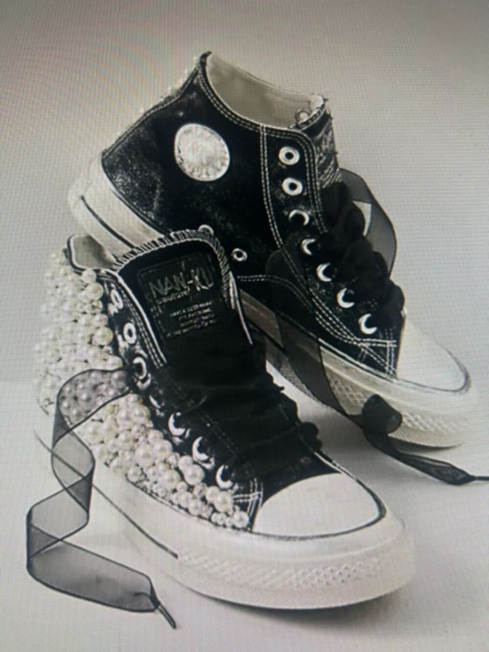 Nan-Ku Bold Pearl Crush High Top Ribbon Lace Up Cushion Distressed Sneakers NEW